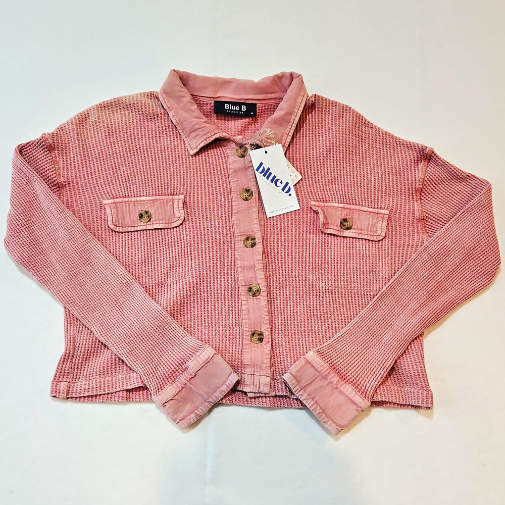 NWT Blue B Women's Pink Waffle Knit Button-Up Collared Long Sleeve Top Size M